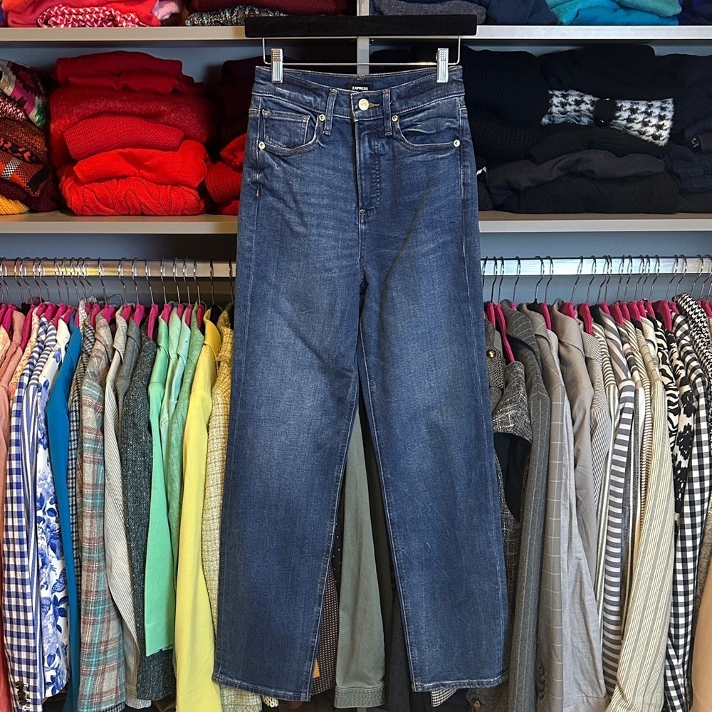 Express blue modern straight super high reuse jeans size 0